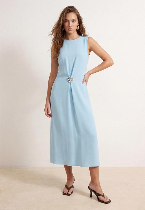Trendyol - A-Line Satin Midi Dress - Light Blue