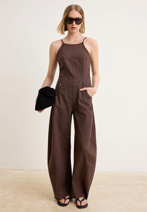 Trendyol - Strappy Relaxed Fit Denim Jumpsuit - Brown