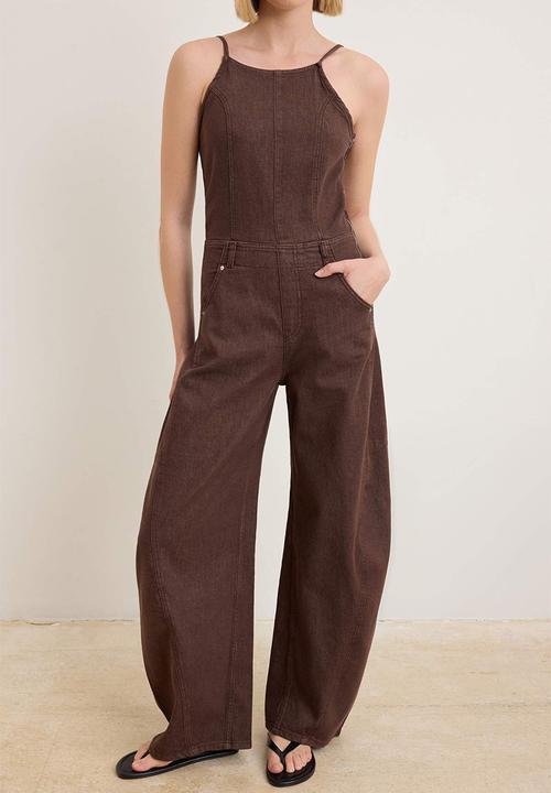Trendyol - Strappy Relaxed Fit Denim Jumpsuit - Brown