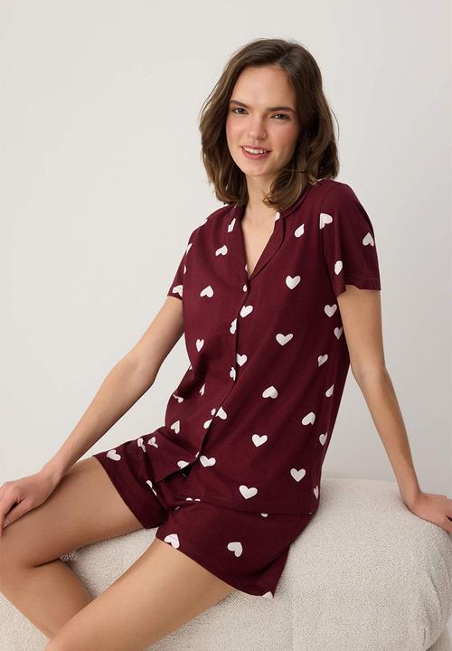 Trendyol - Hearted pajamas set - burgundy