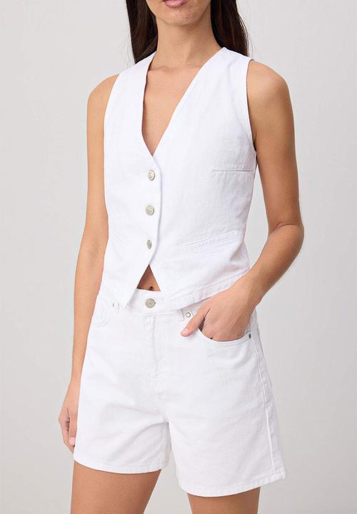 Trendyol - Denim Vest and Shorts Set - White