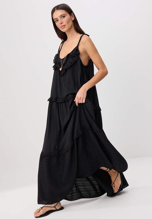 Trendyol - Embroidered A-Line Maxi Dress with Thin Straps - Black