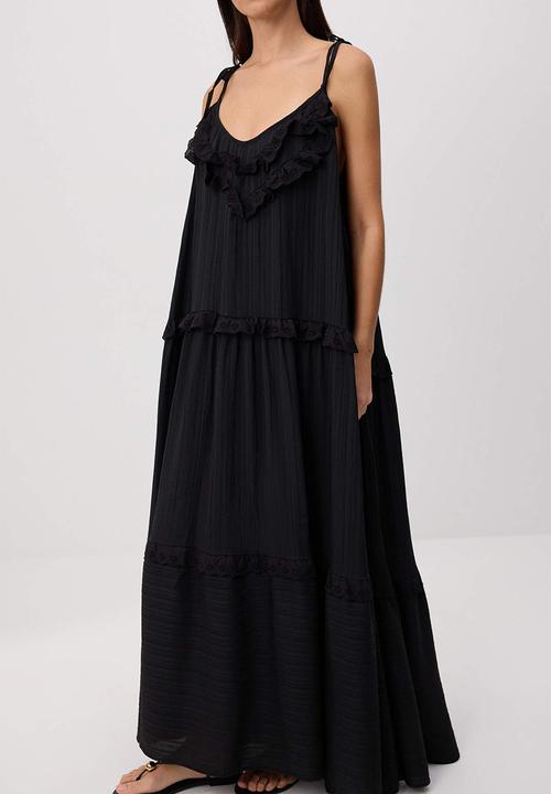 Trendyol - Embroidered A-Line Maxi Dress with Thin Straps - Black