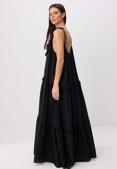 Trendyol - Embroidered A-Line Maxi Dress with Thin Straps - Black