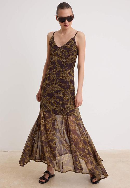 Trendyol - Shawl Print Flounce Chiffon Maxi Dress - Brown