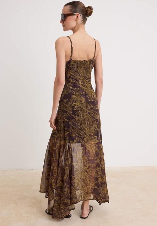 Trendyol - Shawl Print Flounce Chiffon Maxi Dress - Brown