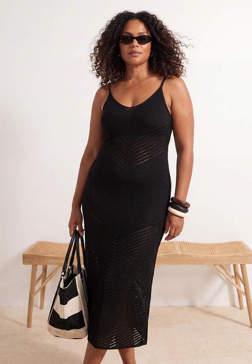 Trendyol - Plus beachwear midi v-neck knitwear beach dress - black