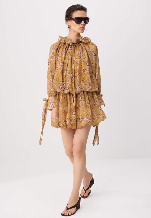 Trendyol - Shawl Print Cut-Out Chiffon Mini Dress - Mustard