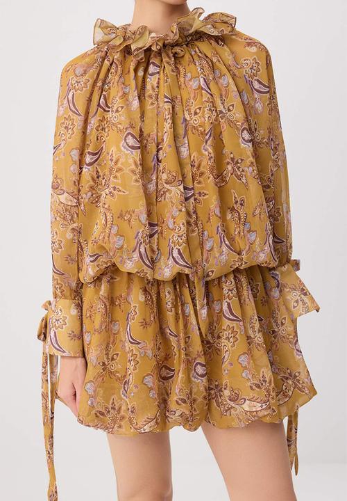 Trendyol - Shawl Print Cut-Out Chiffon Mini Dress - Mustard