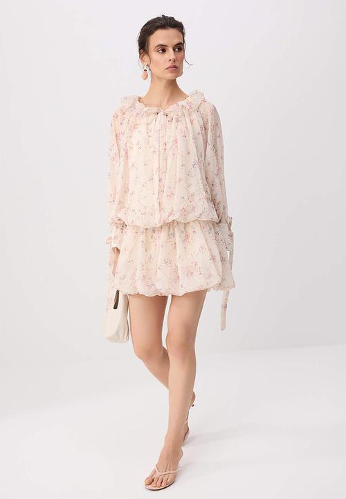 Trendyol - Floral Cut-Out Chiffon Mini Dress - Neutral