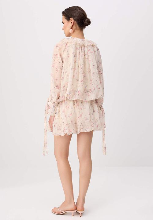 Trendyol - Floral Cut-Out Chiffon Mini Dress - Neutral