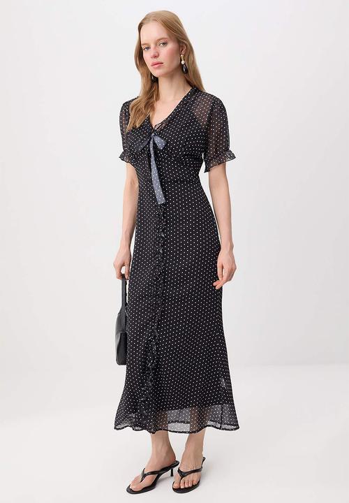 Trendyol - Velvet Ribbon Detail Polka Dot Chiffon Dress - Black