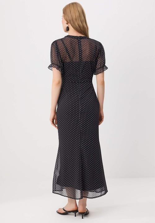 Trendyol - Velvet Ribbon Detail Polka Dot Chiffon Dress - Black