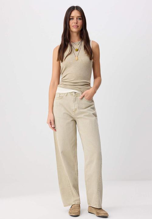 Trendyol - Stitch Detail High-Waist Cotton Baggy Jeans - Beige
