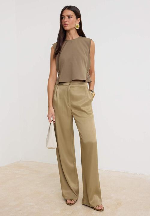 Trendyol - Satin Wide-Leg Trousers - Khaki