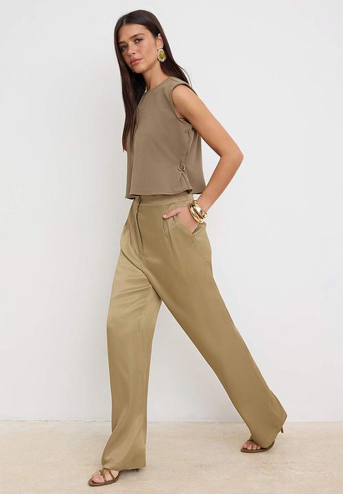 Trendyol - Satin Wide-Leg Trousers - Khaki
