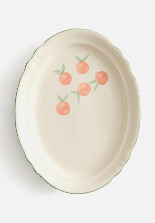 H&M - Hand-painted stoneware serving plate - light beige/oranges