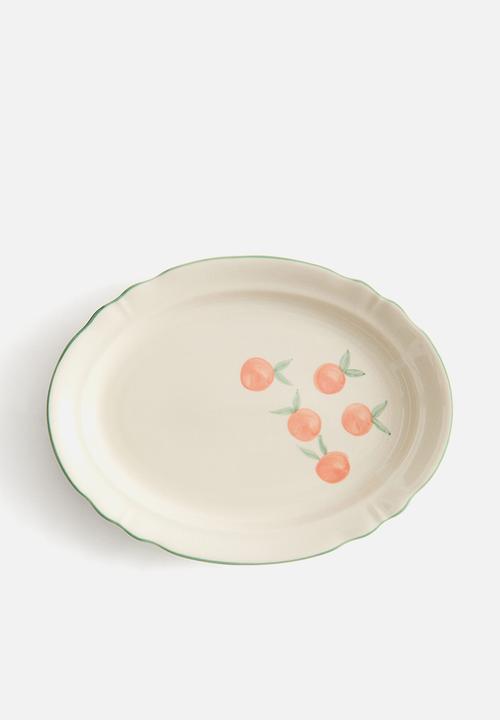 H&M - Hand-painted stoneware serving plate - light beige/oranges