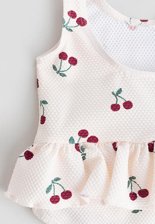 H&M - Flounced swimsuit - light beige/cherries