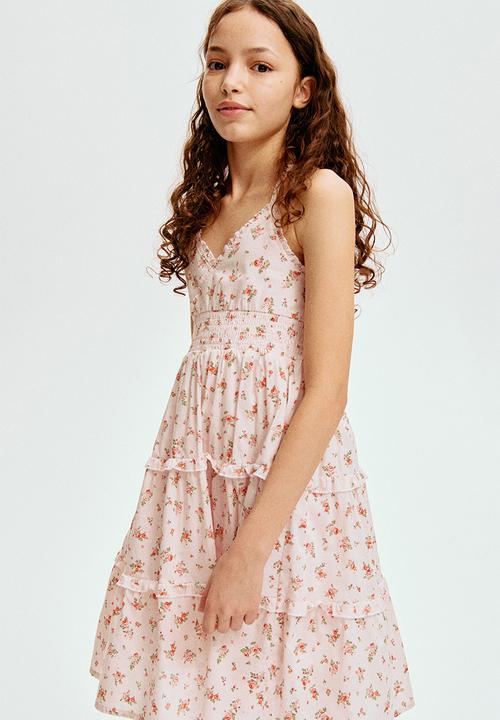 Tiered cotton dress - light pink/floral