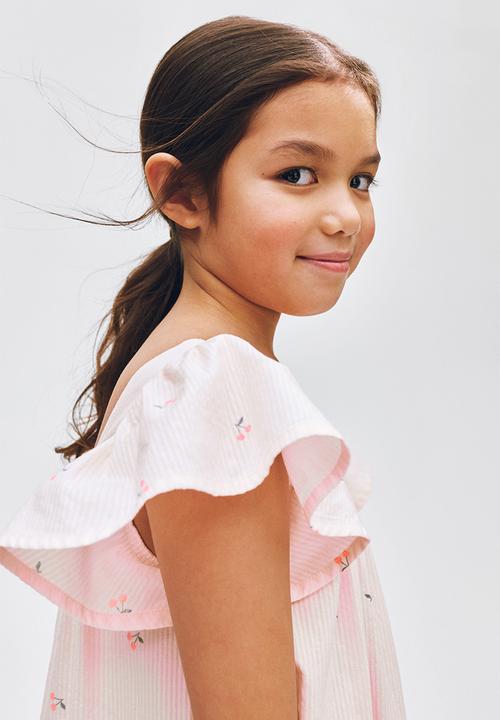 H&M - Flared cotton dress - light pink/cherries