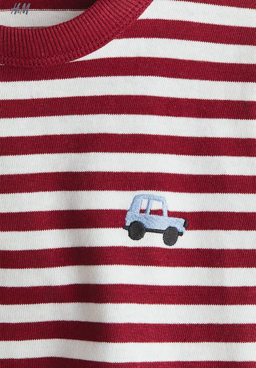 H&M - Embroidery-detail t-shirt - dark red/striped