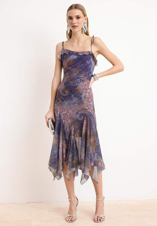 Trendyol - Abstract Print Chiffon Midi Party Dress - Purple-Multicolour