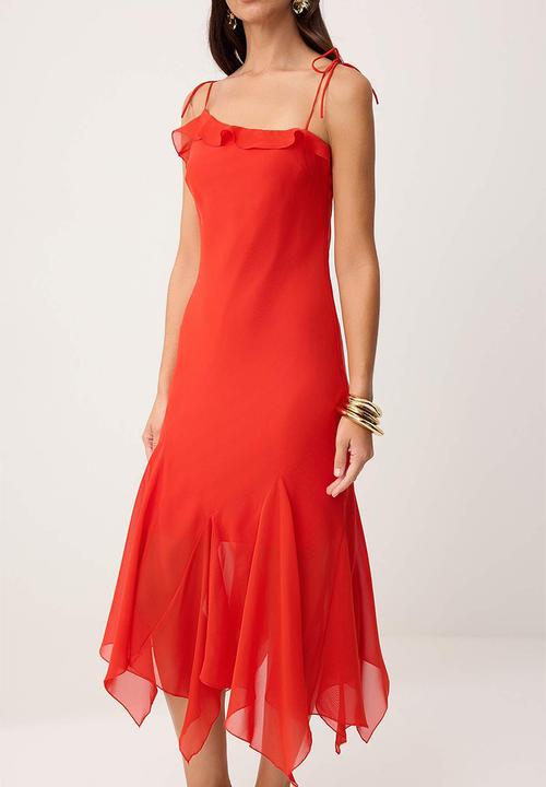 Trendyol - Floral Chiffon Asymmetric Midi Party Dress - Pomegranate Blossom