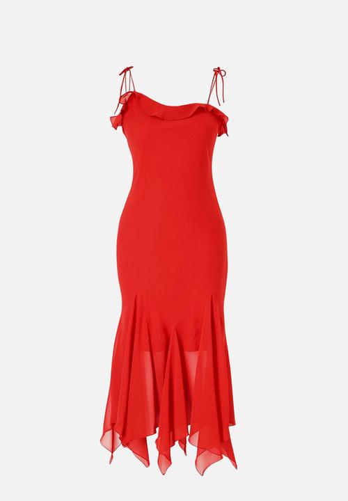 Trendyol - Floral Chiffon Asymmetric Midi Party Dress - Pomegranate Blossom