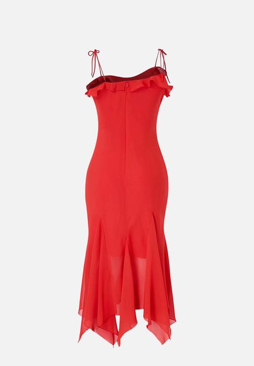 Trendyol - Floral Chiffon Asymmetric Midi Party Dress - Pomegranate Blossom