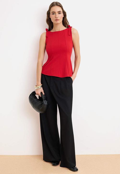 Trendyol - Peplum Blouse with Shoulder Bow Detail - Red