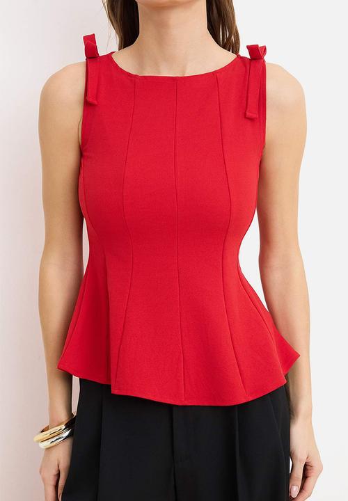 Trendyol - Peplum Blouse with Shoulder Bow Detail - Red