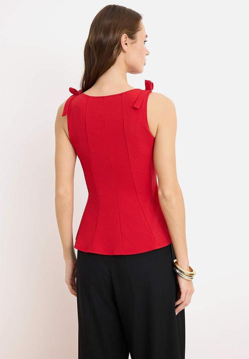 Trendyol - Peplum Blouse with Shoulder Bow Detail - Red