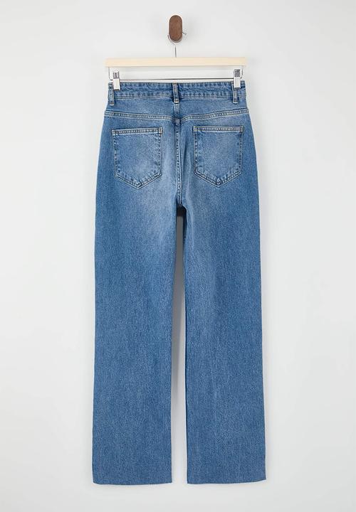Trendyol - Cut-Leg High-Waist Straight Jeans - Blue