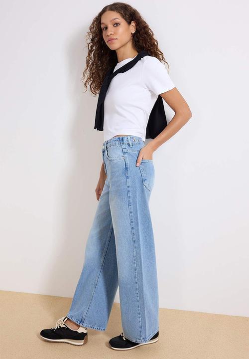 Trendyol - Adjustable Waist High-Waist Wide-Leg Jeans - Blue
