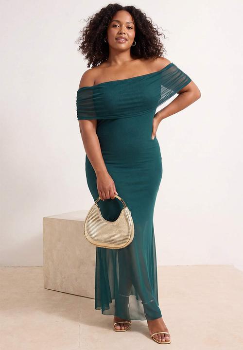 Trendyol - Plus carmen collar tulle knitted dress - emerald green