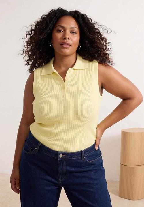 Trendyol - Plus polo neck ribbed knit blouse - yellow
