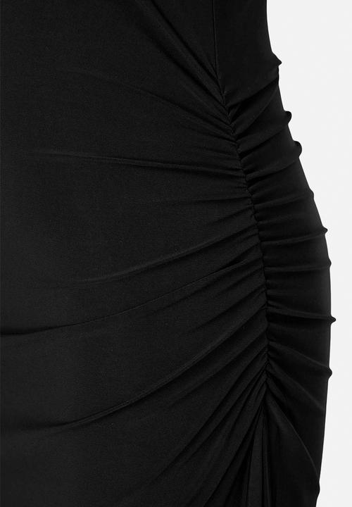 Trendyol - Plus strap bodycon ruffle slit maxi dress - black