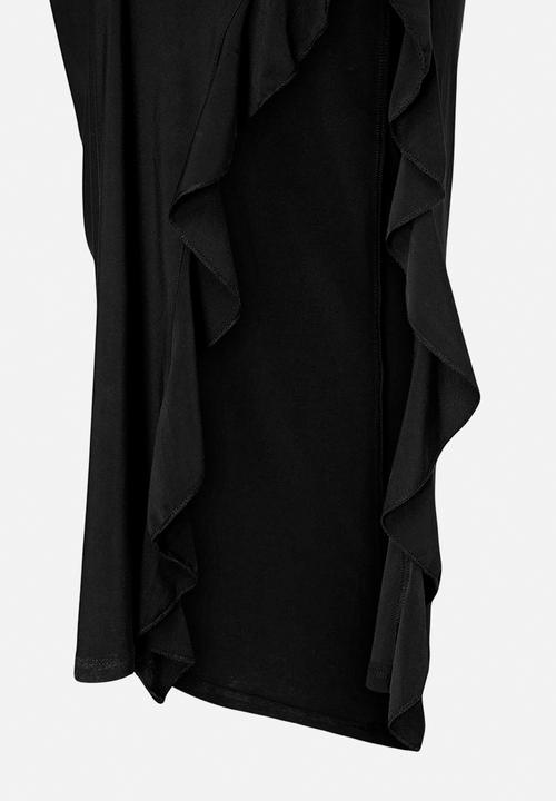 Trendyol - Plus strap bodycon ruffle slit maxi dress - black
