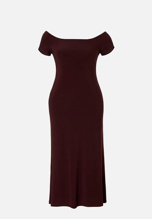 Trendyol - Plus carmen collar stretchy knitted maxi shift dress - brown