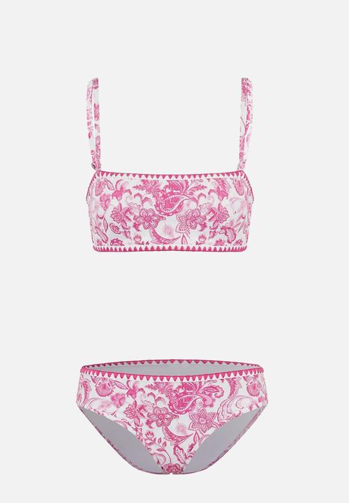 Trendyol - Shawl pattern strapless covered embroidered bikini set - pink-multicolor
