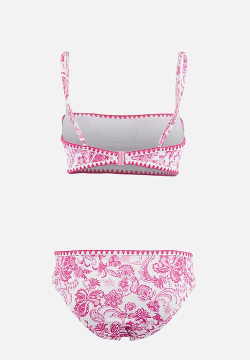 Trendyol - Shawl pattern strapless covered embroidered bikini set - pink-multicolor
