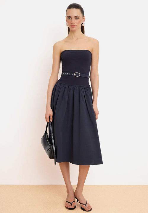 Trendyol - Strapless Waist-Cut Midi Dress - Navy Blue
