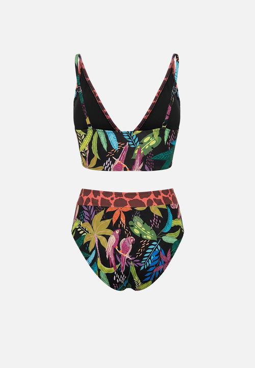 Trendyol - Tropical print triangle covered high waist bikini set - black-multicolor