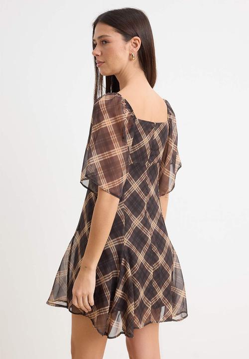 Trendyol - Plaid Handkerchief Mini Chiffon Dress - Brown