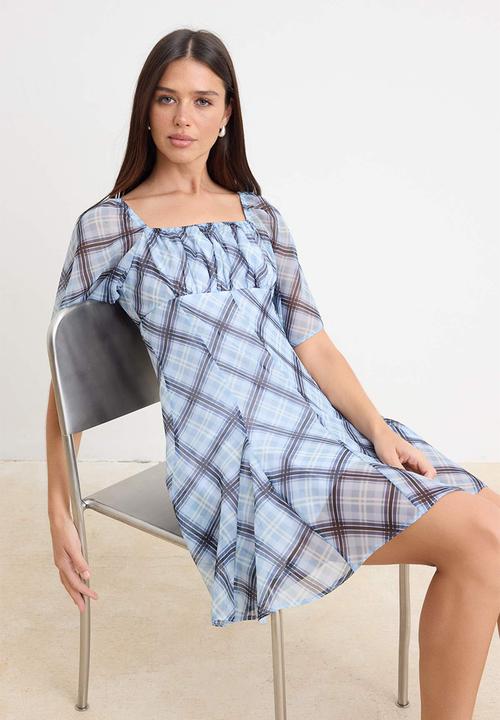 Trendyol - Plaid Handkerchief Mini Chiffon Dress - Blue