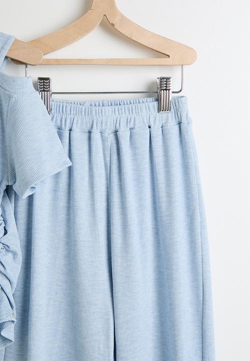Pop Candy - Melange side ruched top & wide leg pants - blue 