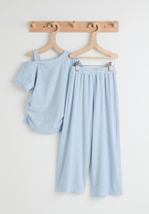 Pop Candy - Melange side ruched top & wide leg pants - blue 