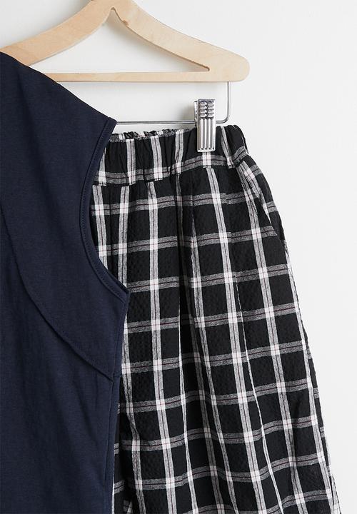 Pop Candy - Sleeveless tee & check wide leg pants - navy/black