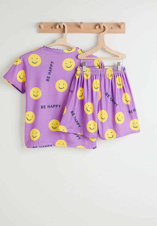Pop Candy - Smiley face aop dropped shoulder tee & shorts - light purple